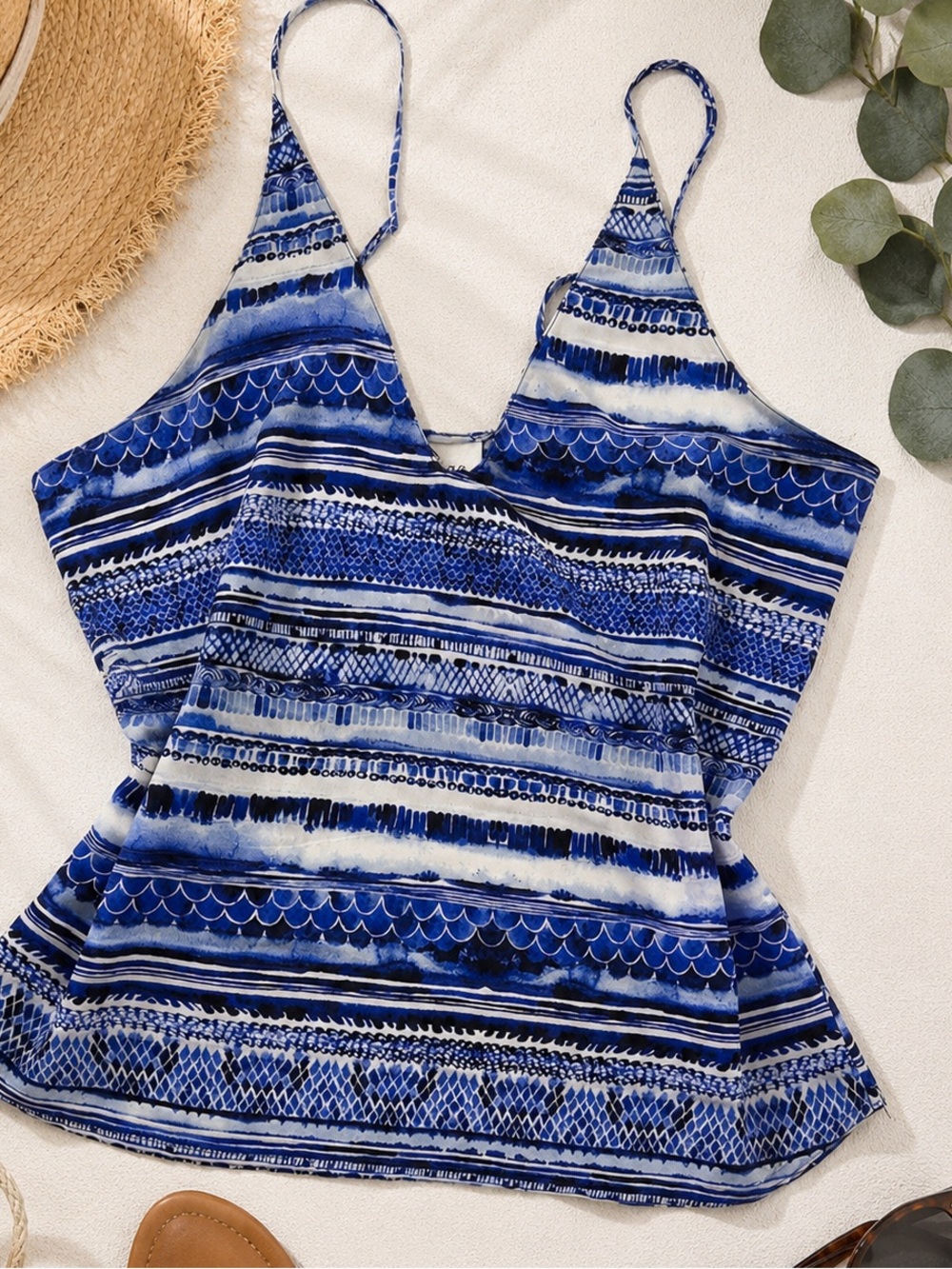 Rory Beca Vintage 100% Silk Camisole Top Blue White Print Spaghetti Strap Size S